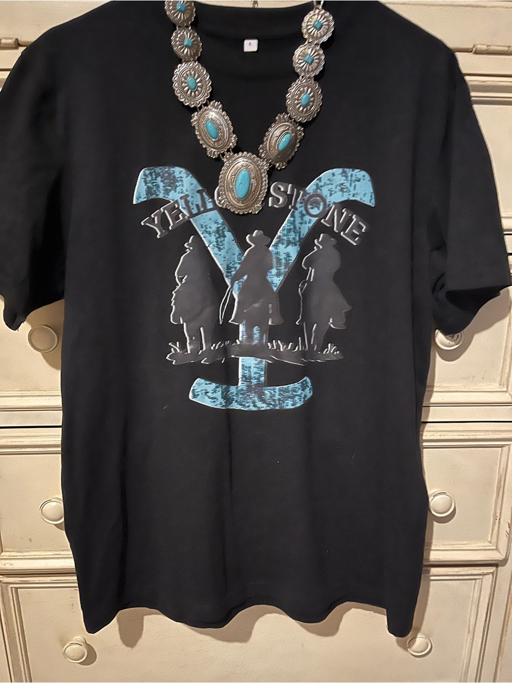 Yellowstone Black T-shirt with Matching Turquoise and Silver Necklace